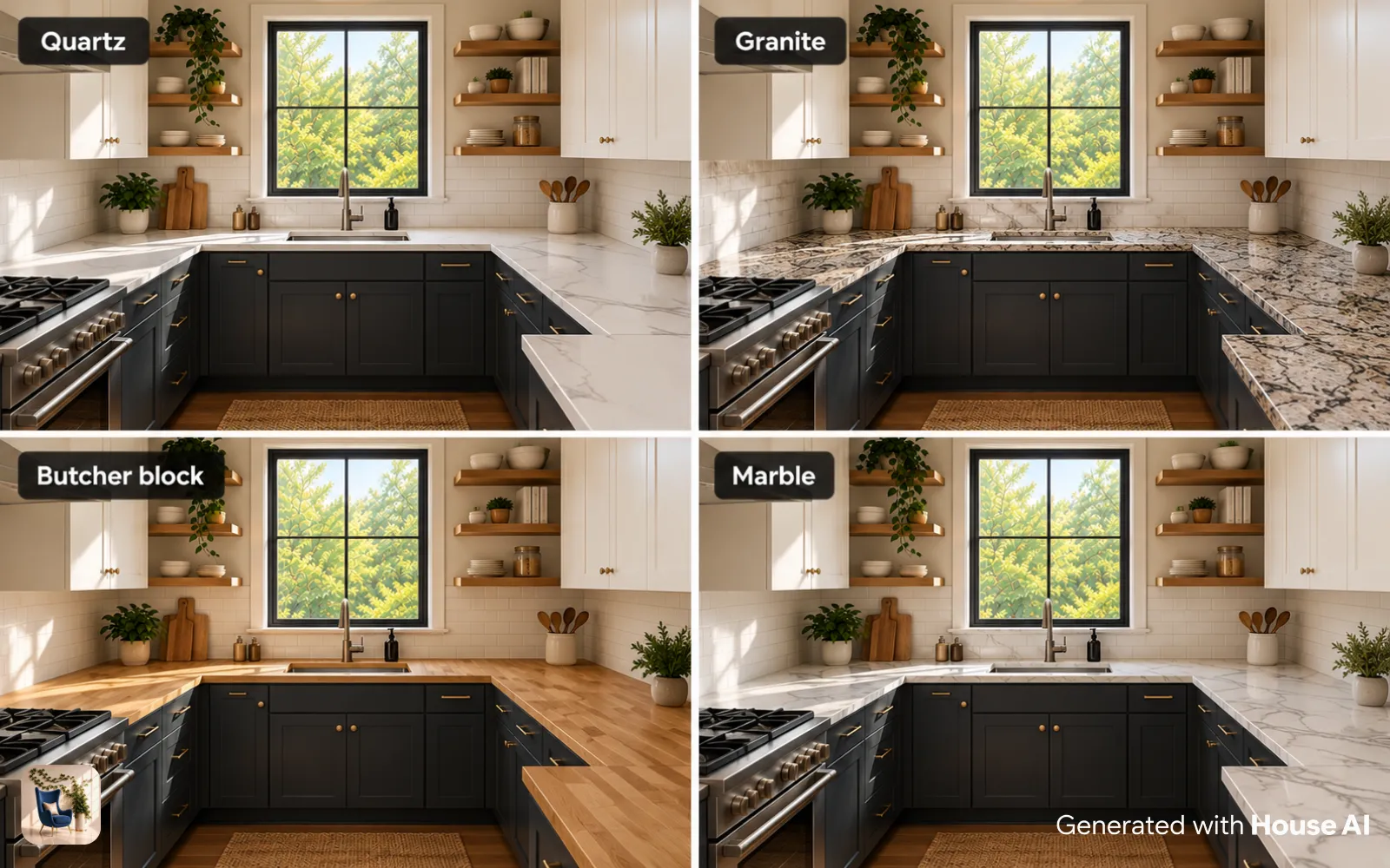 The same kitchen with quartz, granite, butcher block, and marble countertops, shown in a grid