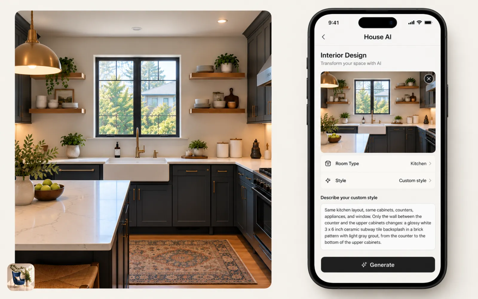 A phone screen with a written backsplash description entered for a kitchen photo, ready to generate