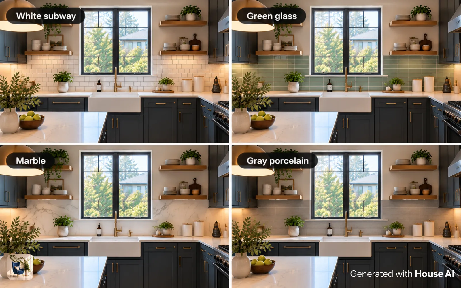 The same kitchen with four backsplash options: white subway tile, green glass, marble, and matte gray porcelain