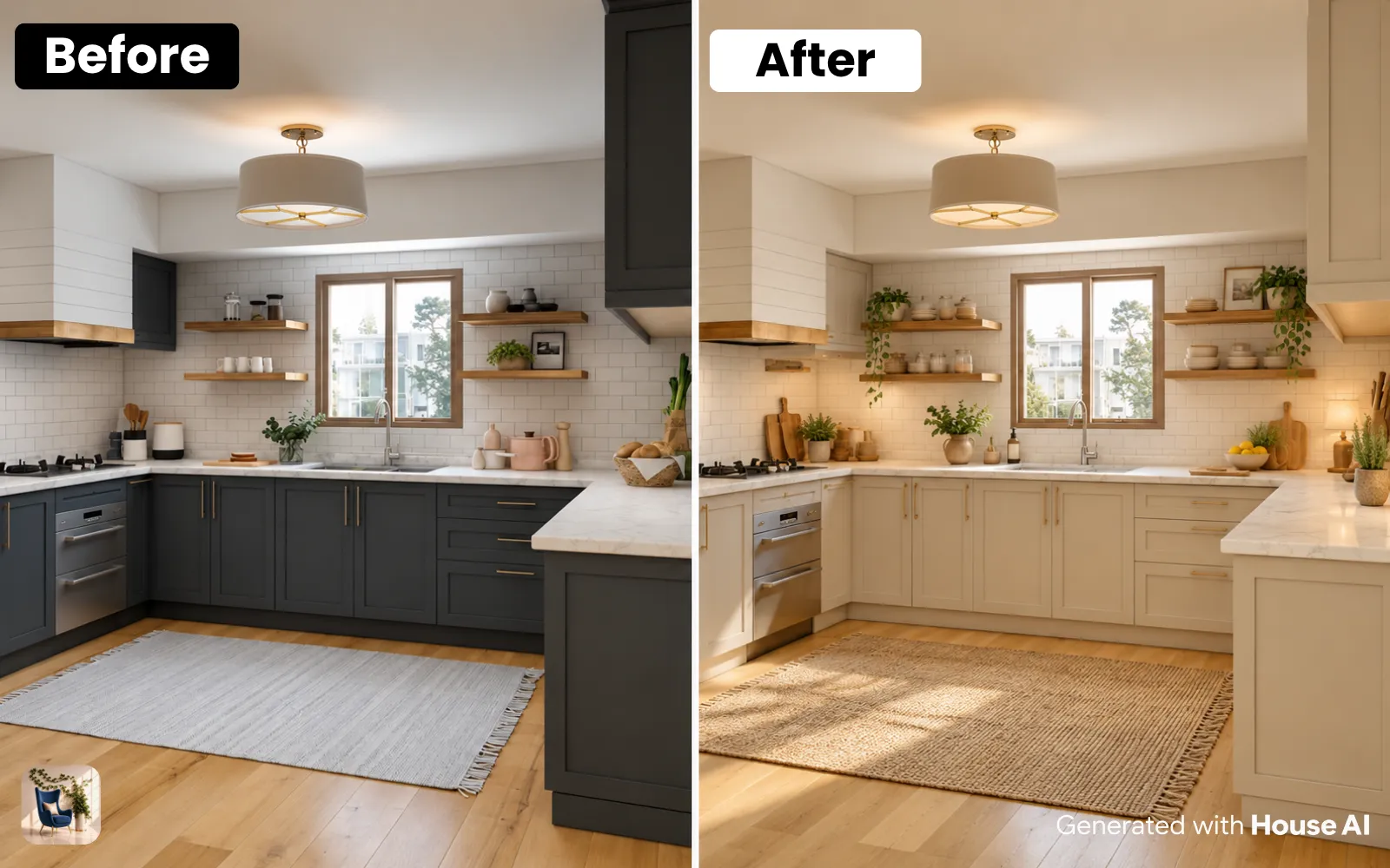 A kitchen before and after a Scandinavian redesign, with pale cabinets and the same window and layout