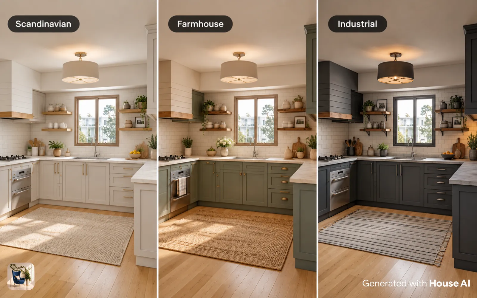 The same kitchen in Scandinavian, Farmhouse, and Industrial styles, side by side, with the window in the same place