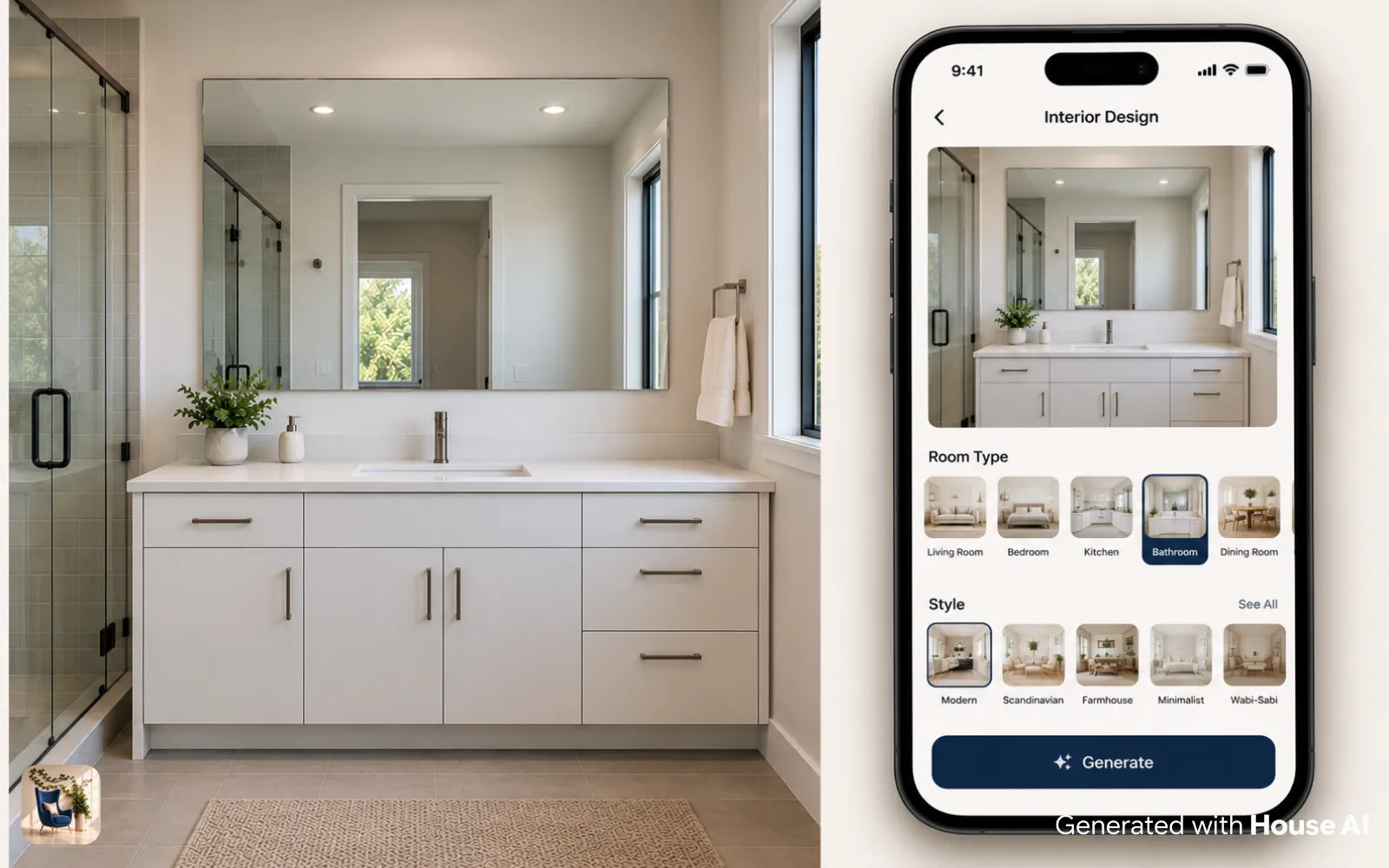 A phone screen with the bathroom room type selected and a bathroom photo ready to redesign