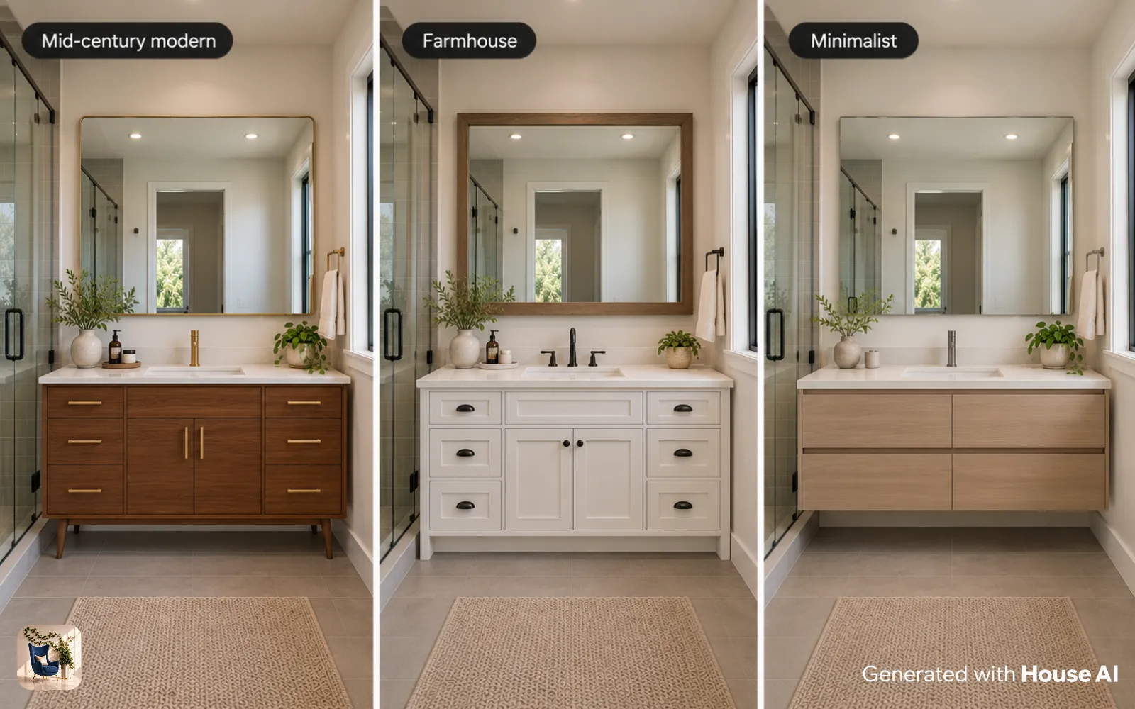 The same bathroom in mid-century modern, farmhouse, and minimalist styles, each with a different vanity