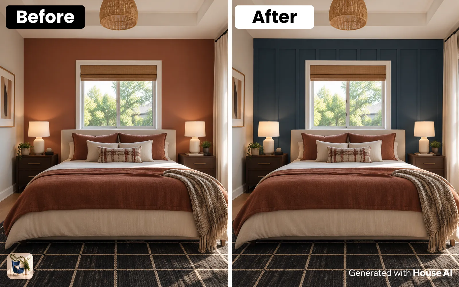 A bedroom bed wall before and after board and batten paneling painted navy blue
