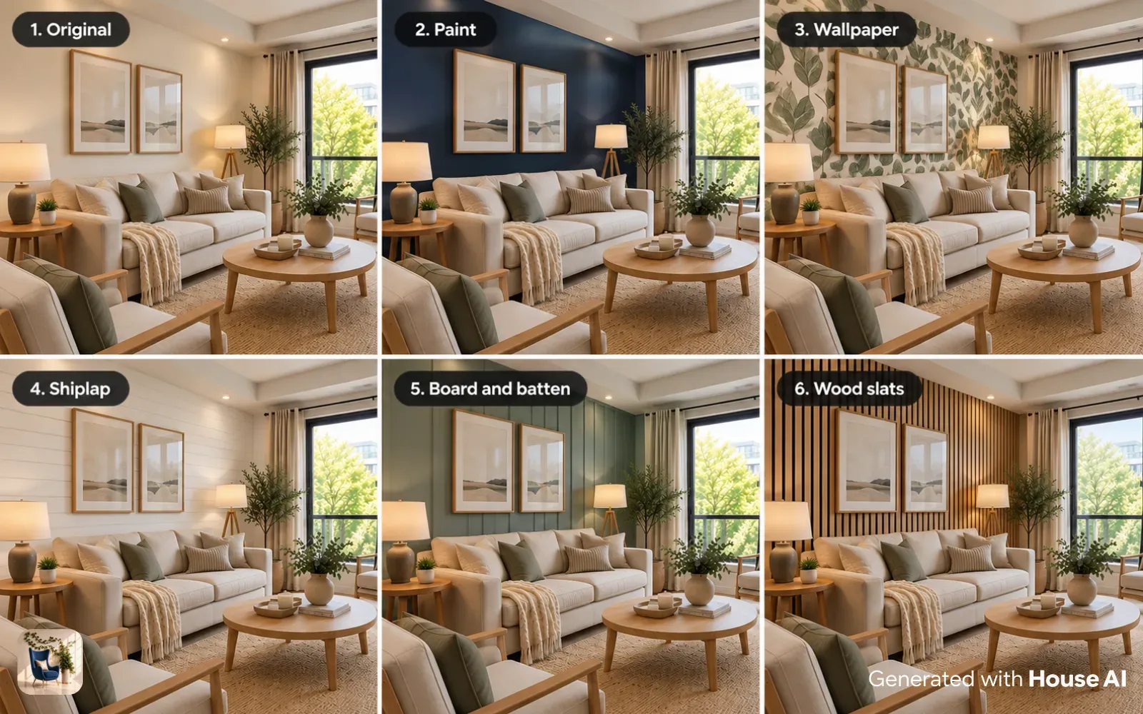 The same living room wall in its original finish and in paint, wallpaper, shiplap, board and batten, and wood slats