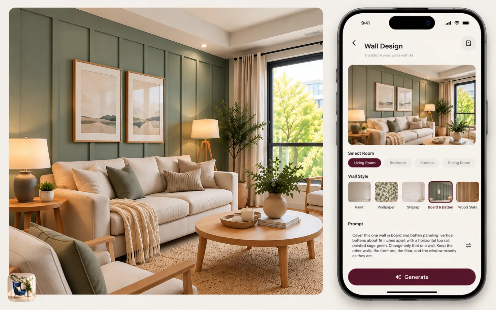 A phone screen showing a living room photo loaded in the wall design tool, ready to restyle one wall