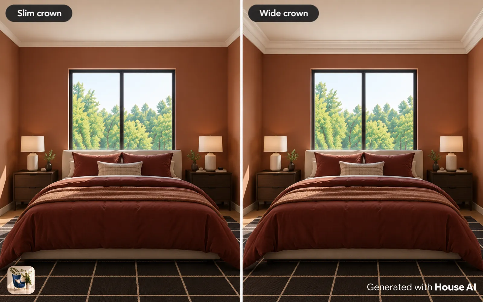 The same bedroom with slim crown molding on the left and wide stepped crown molding on the right