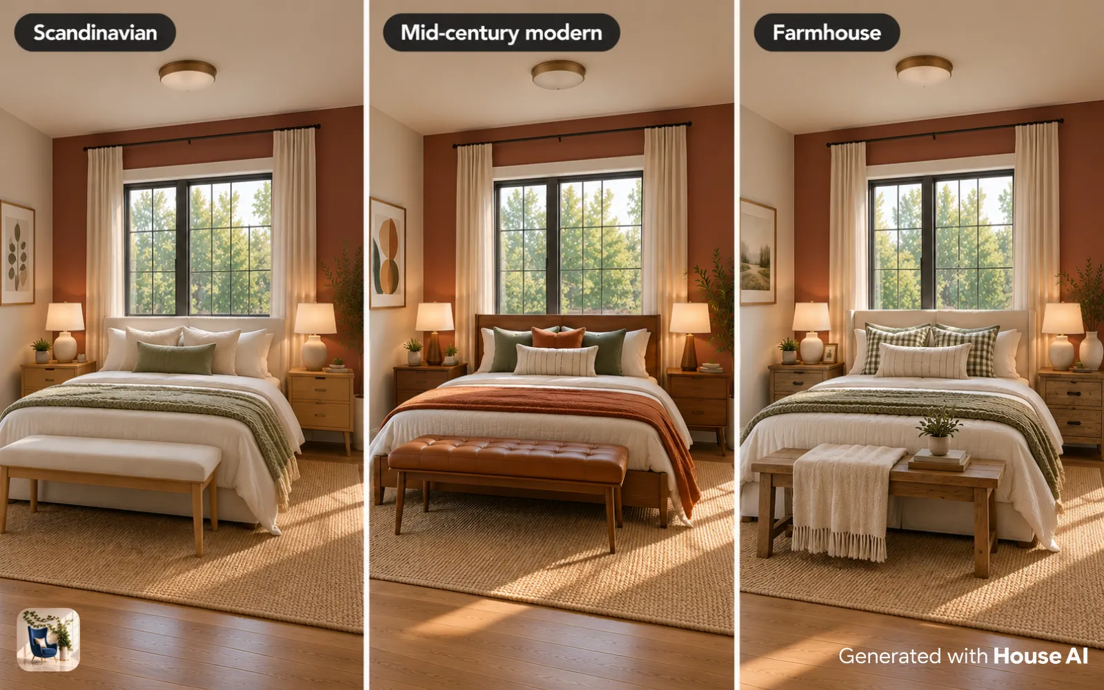 The same empty bedroom staged in Scandinavian, mid-century modern, and farmhouse styles, side by side