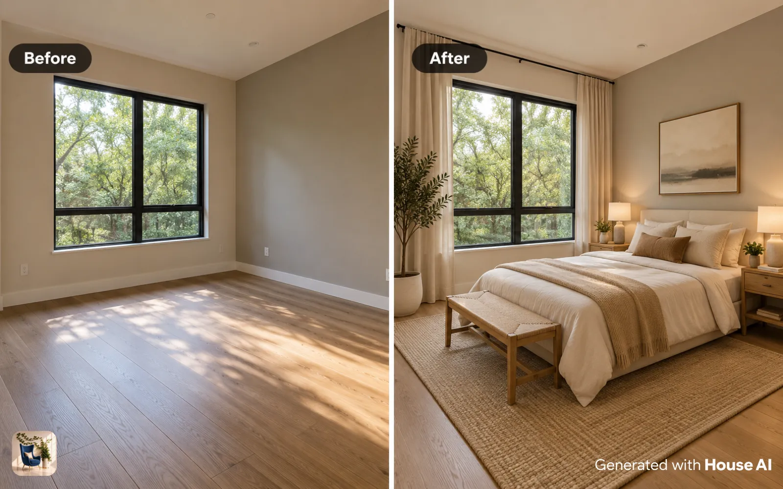 An empty bedroom before and after it is furnished in Japandi style, with the same window and floor