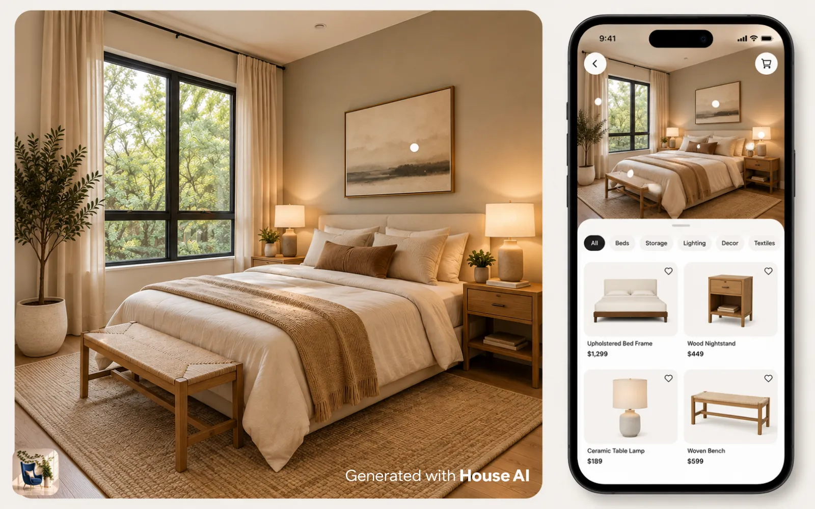 A phone screen listing a bed frame, nightstands, and lamps matched to a furnished bedroom design