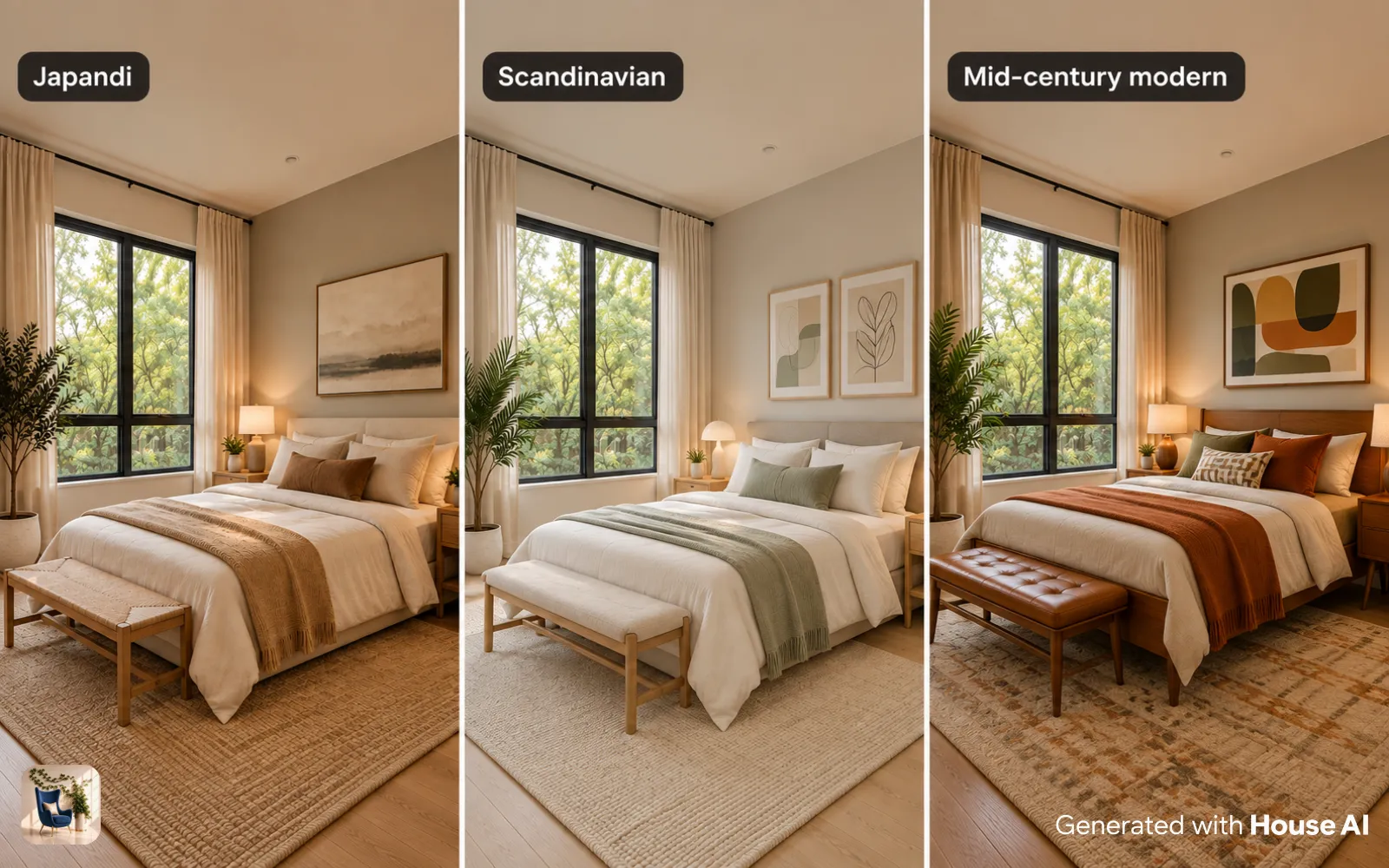 The same empty bedroom furnished in Japandi, Scandinavian, and mid-century modern styles, side by side
