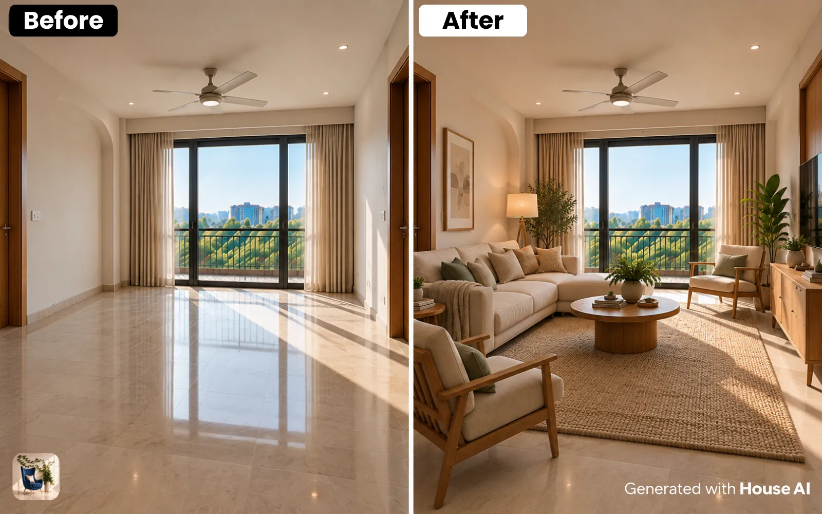 An empty living room before and after it is furnished in Scandinavian style, with the same windows and floor
