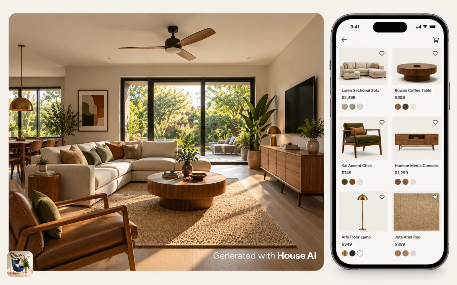 A phone screen listing sofas, chairs, and rugs matched to a furnished living room design