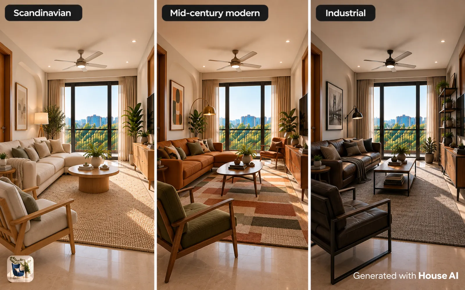 The same empty living room furnished in Scandinavian, mid-century modern, and industrial styles, side by side