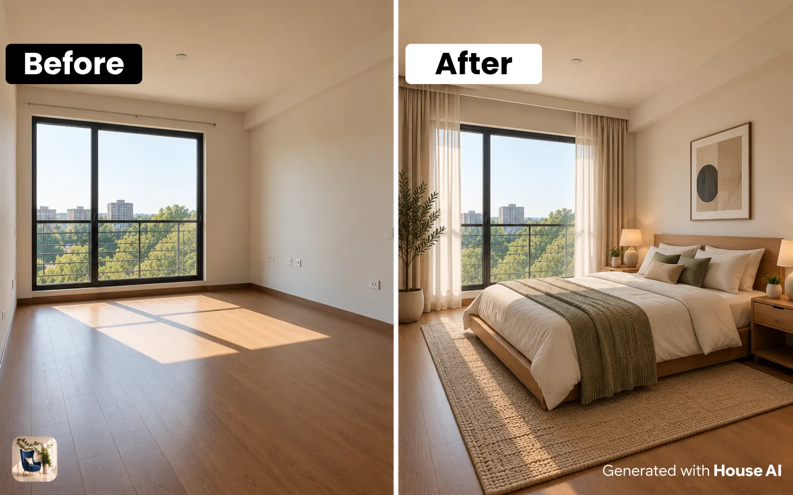 An empty apartment bedroom before and after it is furnished in Japandi style, with a low bed and a nightstand