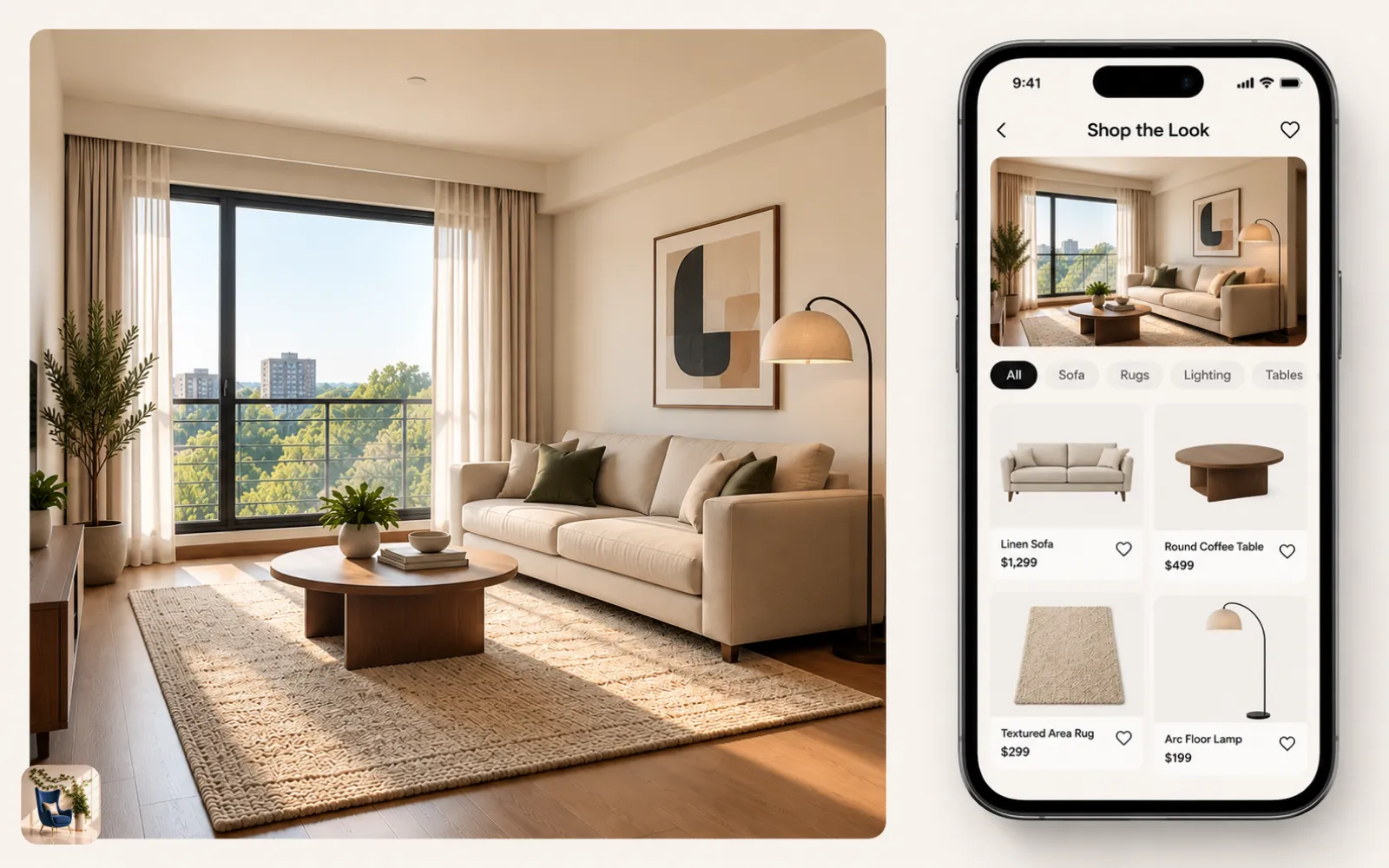 A phone screen listing a sofa, a rug, and a lamp matched to a furnished apartment living room design