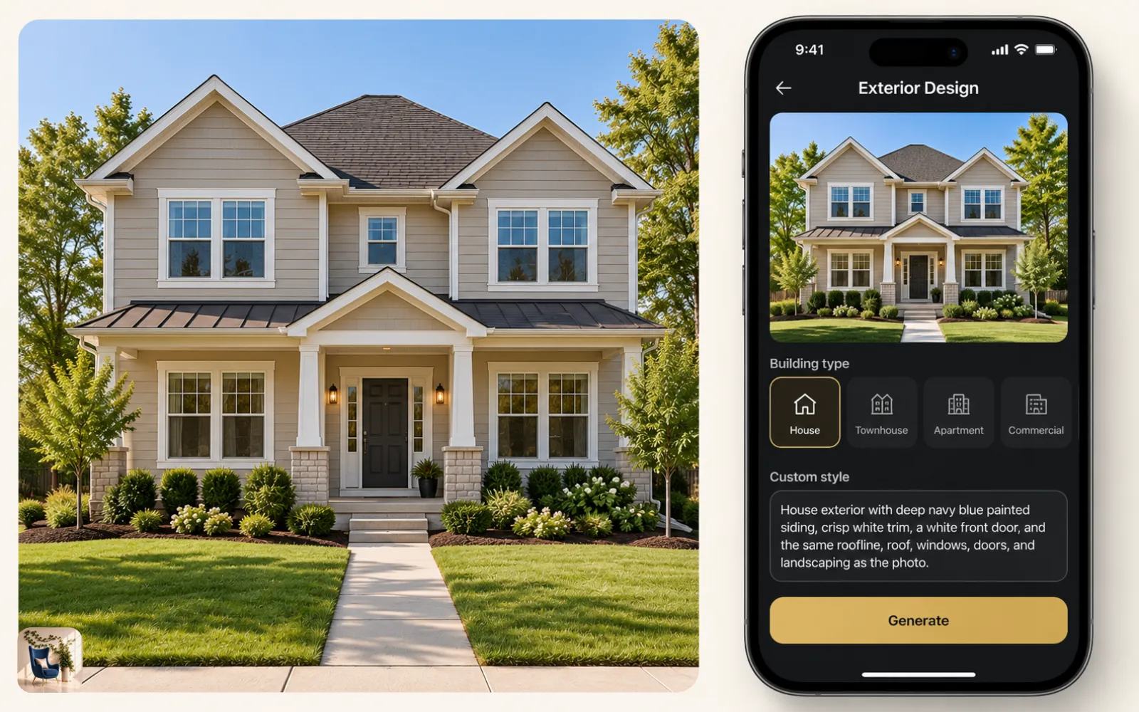 A phone screen with a house front photo uploaded and a typed color scheme ready to generate