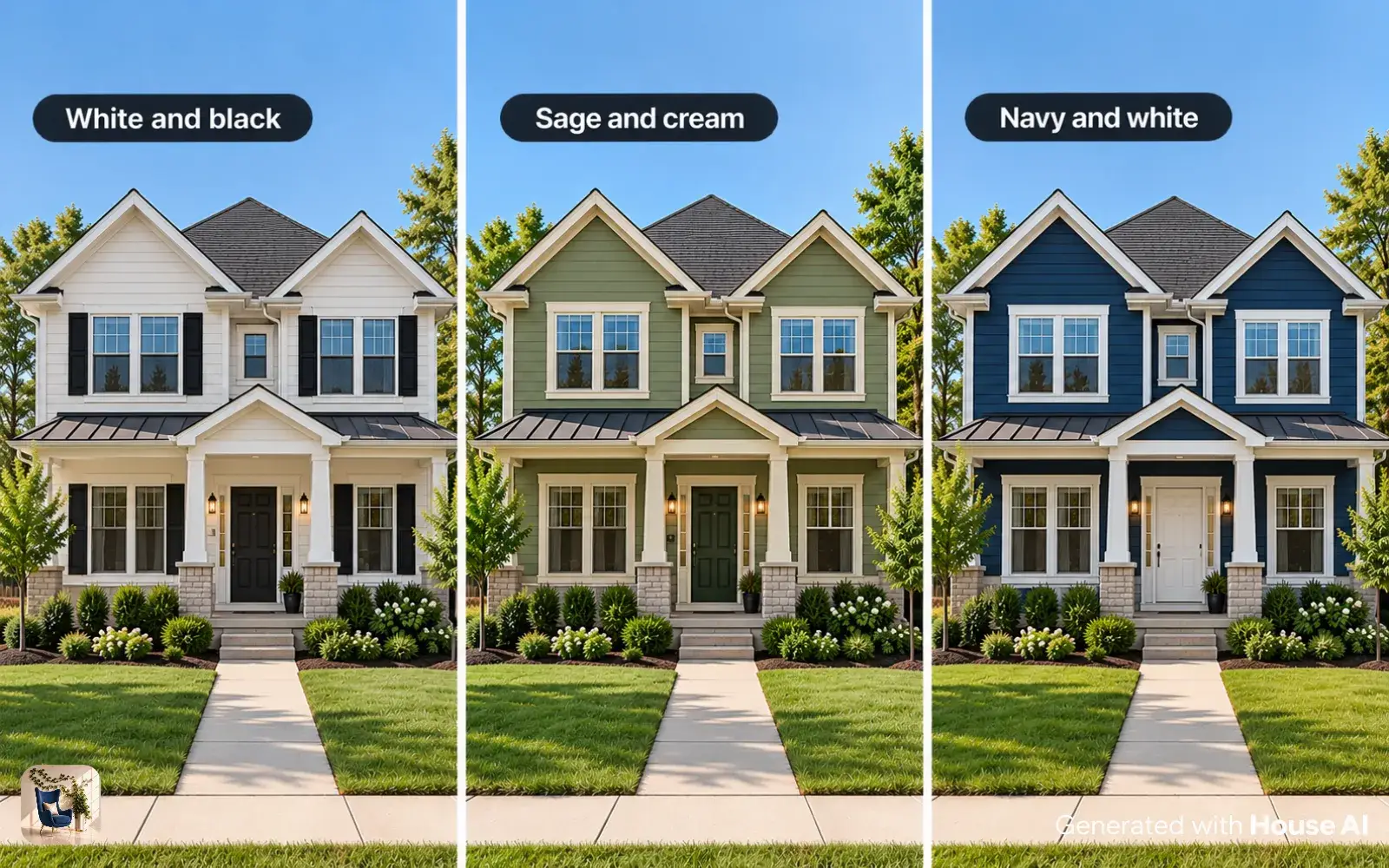 The same house front in white with black shutters, sage with cream trim, and navy with white trim, side by side