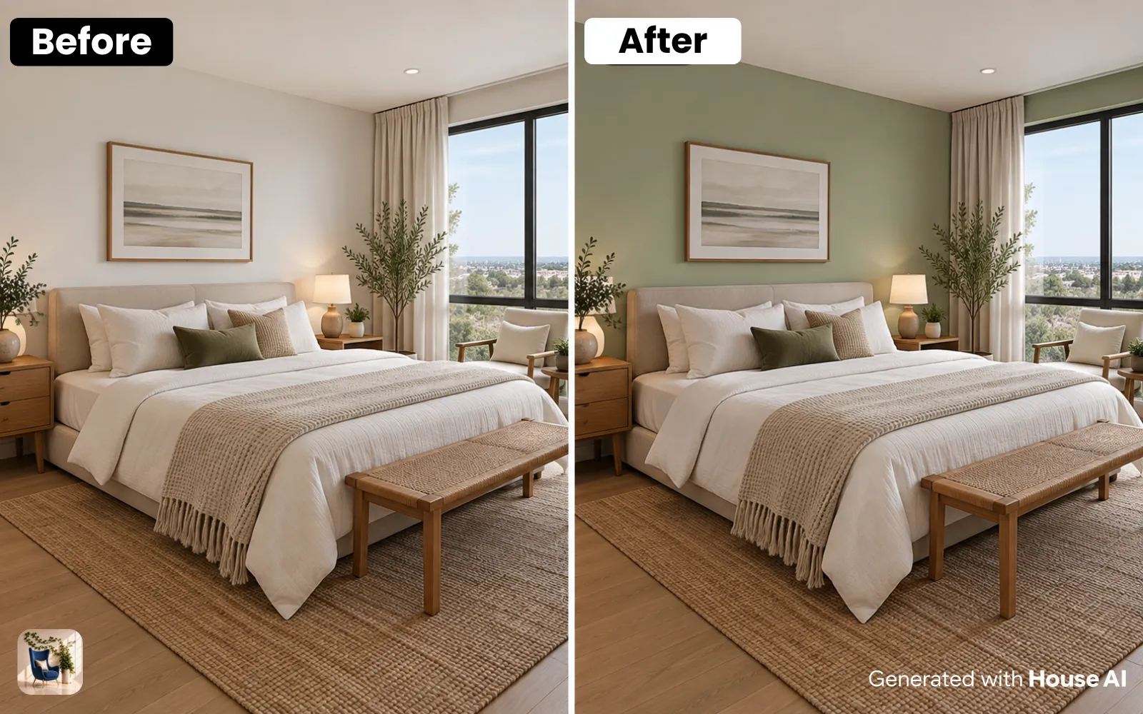 A bedroom before and after its walls change from white to sage green, with the same bed, window, and floor
