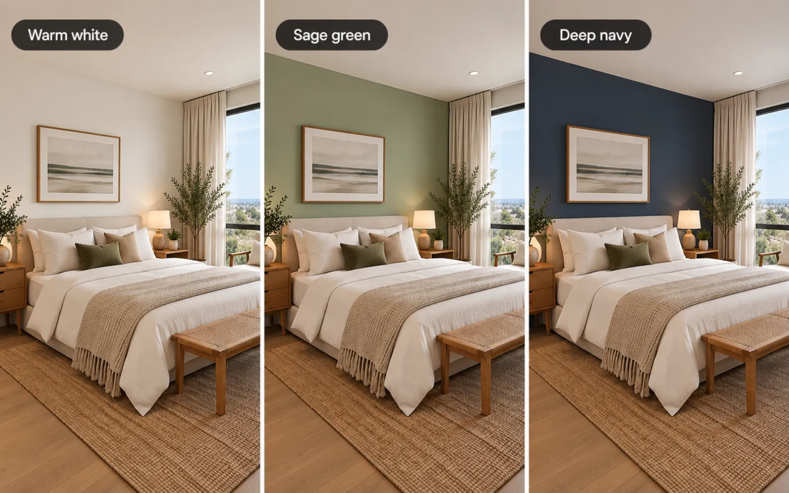 The same bedroom with walls in warm white, sage green, and deep navy, side by side with the same bed and window