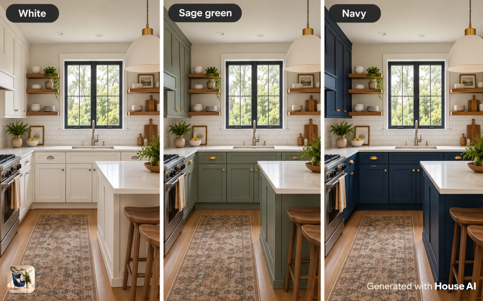 The same kitchen with cabinets in white, sage green, and navy, side by side with the counters and window unchanged