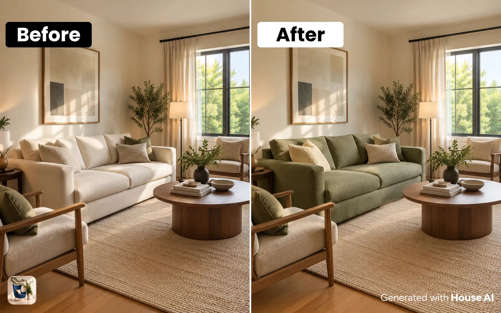 A living room sofa before and after a fabric change to sage green linen, with the rest of the room unchanged