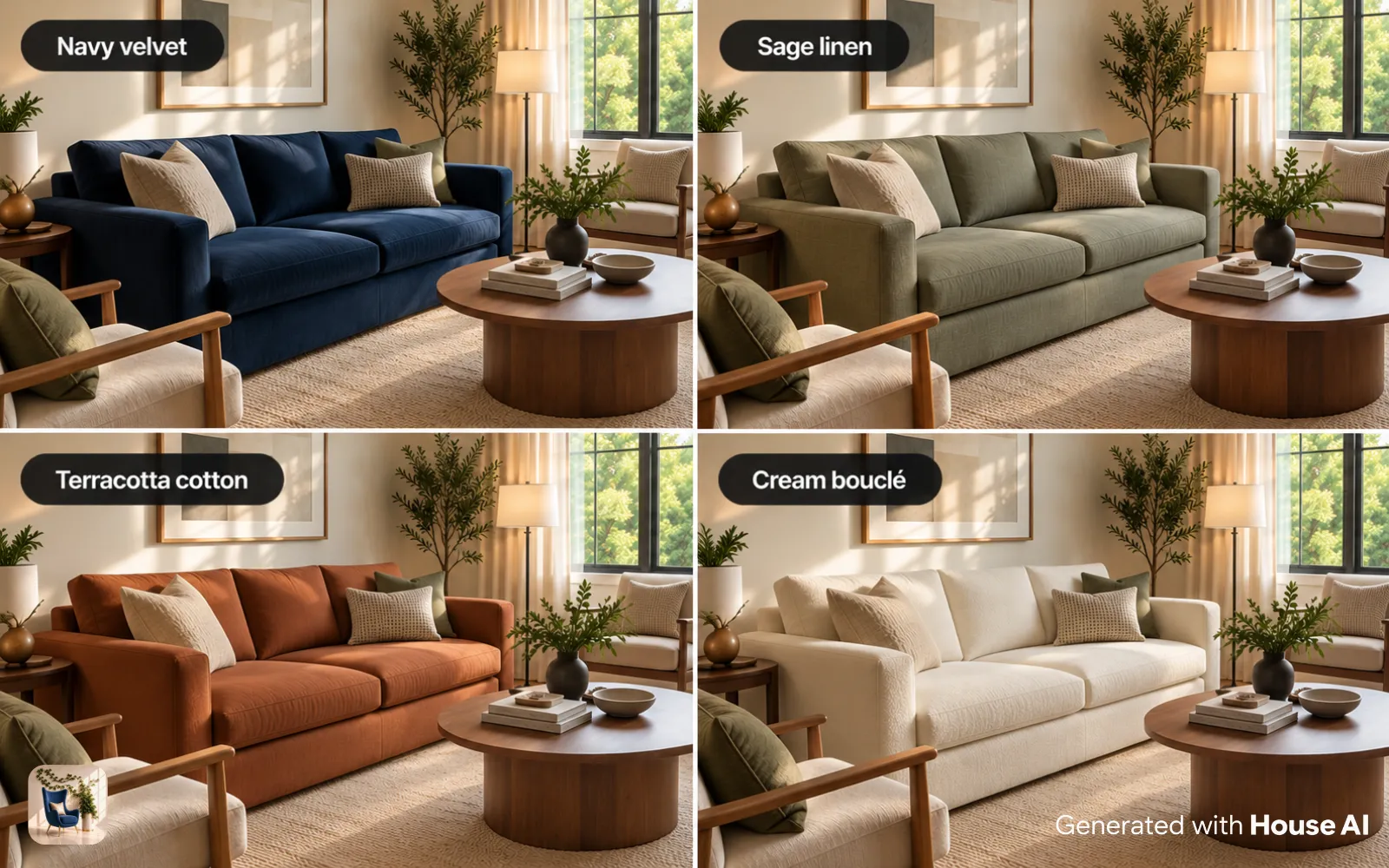 The same sofa in four fabric colors, from navy velvet to cream boucle, in one living room shown as a grid