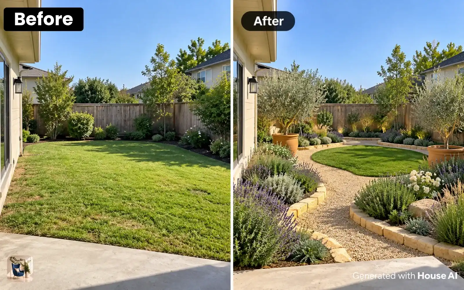 A plain lawn backyard before and after a Mediterranean garden redesign, with gravel paths, planted beds, and olive trees