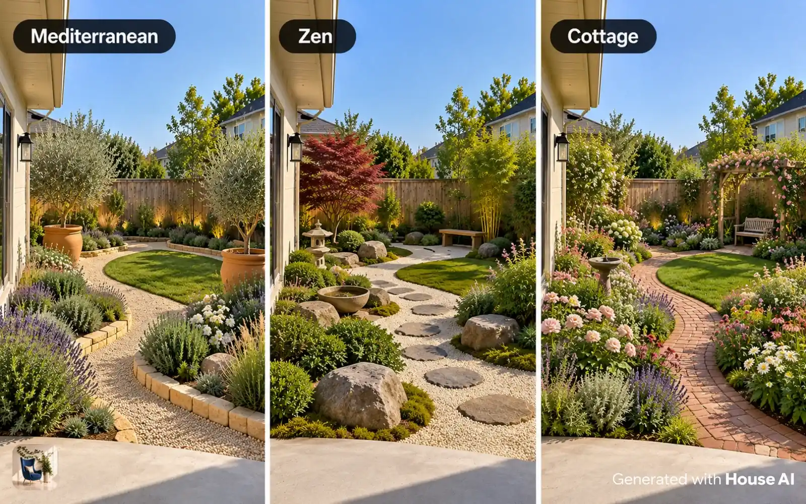 The same backyard redesigned as a Mediterranean, Zen, and cottage garden, side by side, with the fence in the same place