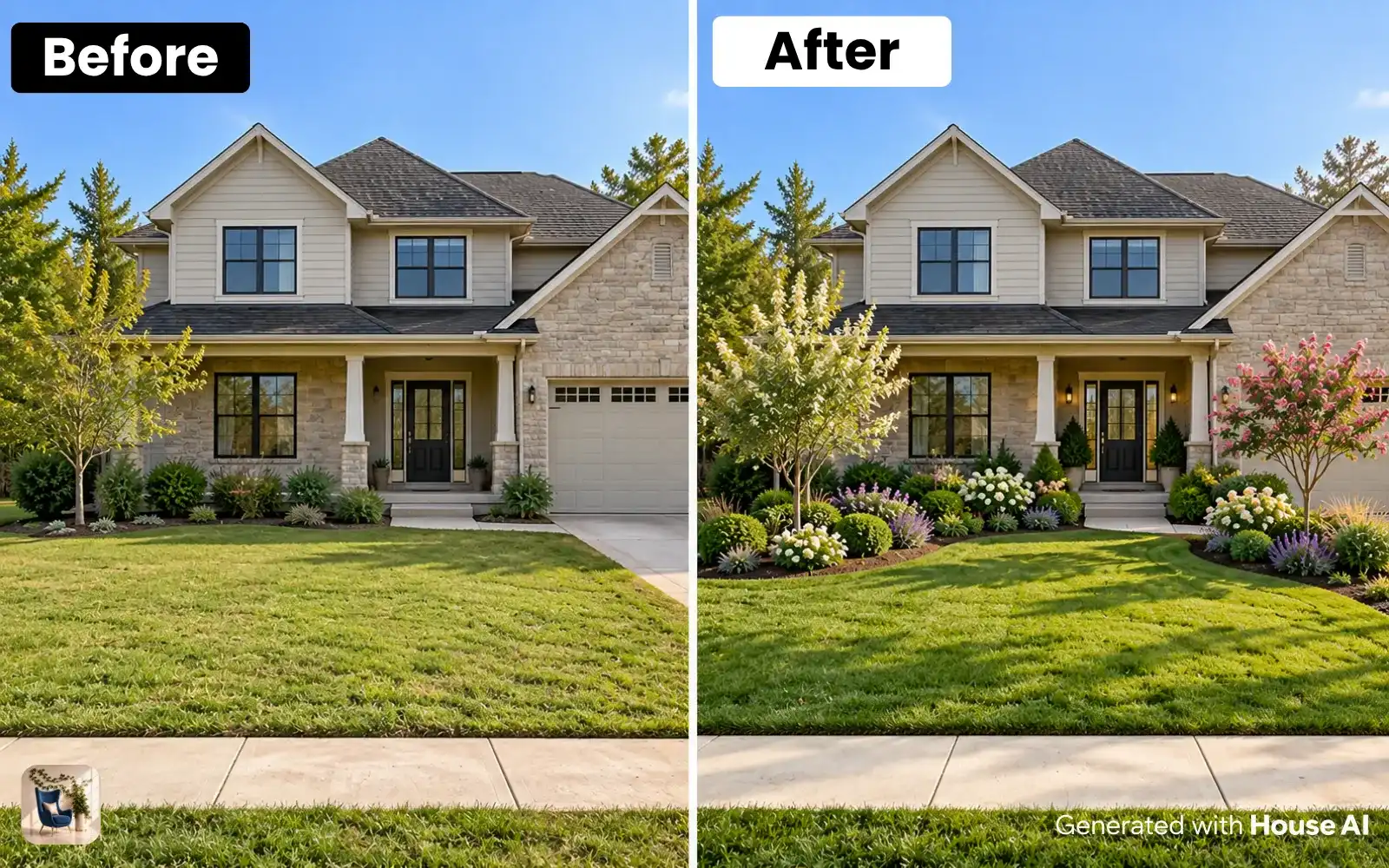 A house front yard before and after new planting, with mulched shrub beds along the house and a crisp lawn edge