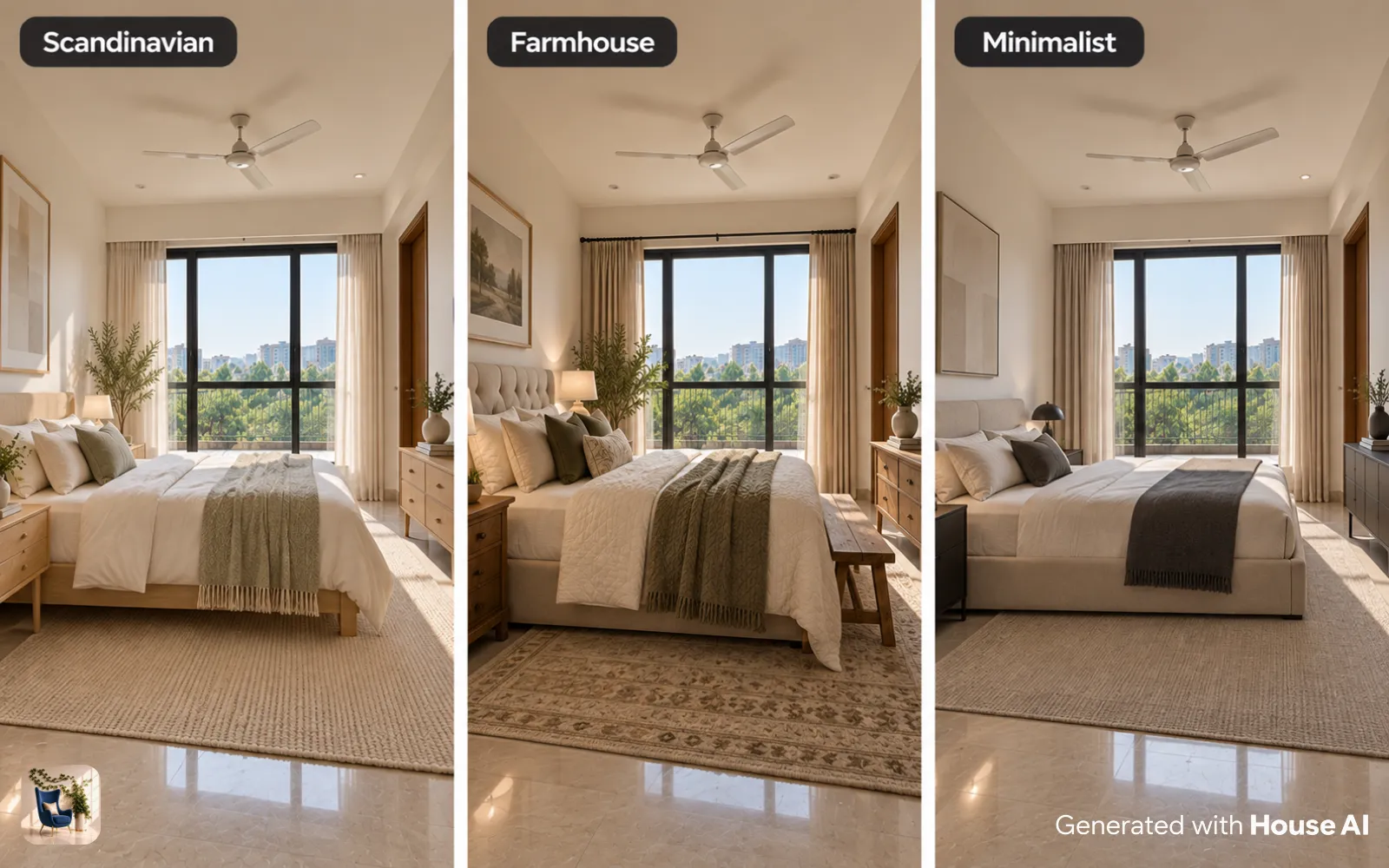 The same empty bedroom virtually staged in Scandinavian, farmhouse, and minimalist styles, side by side