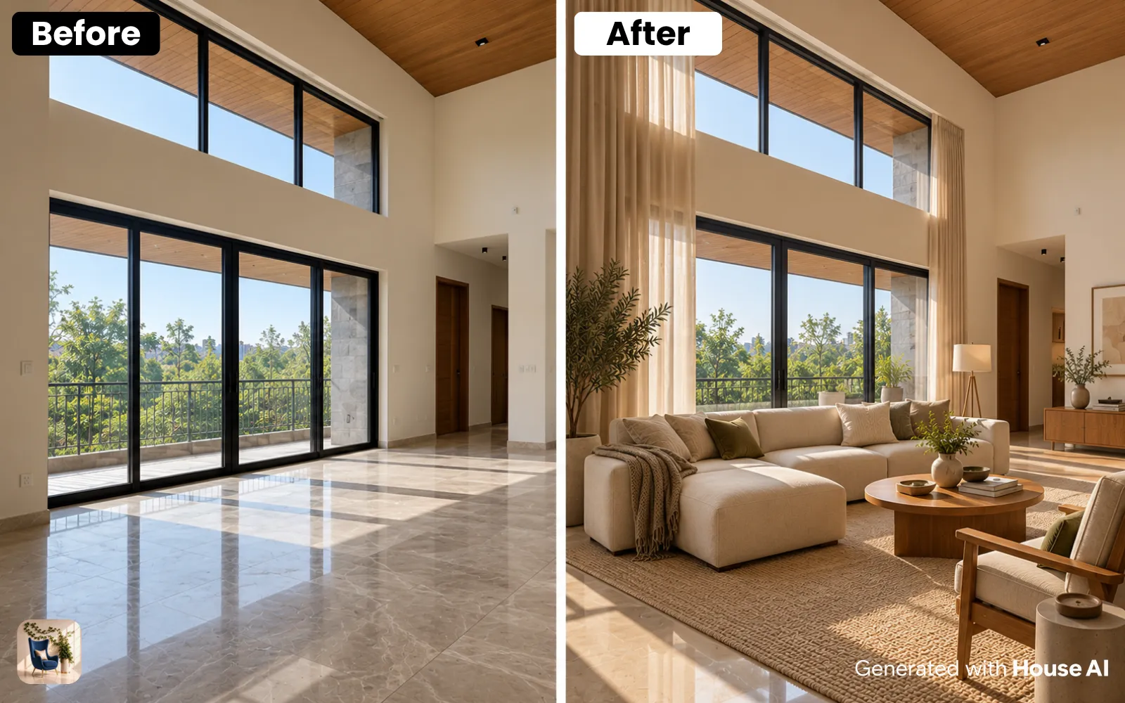 An empty living room before and after virtual staging in Scandinavian style, with the same windows and floor