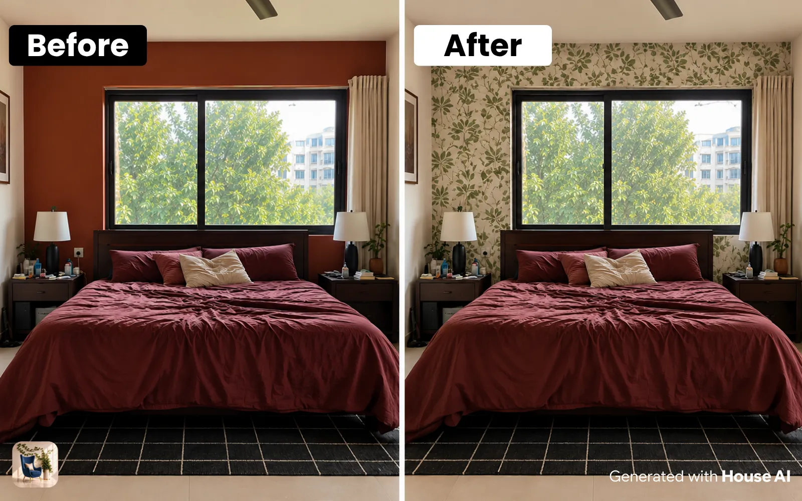 A bedroom before and after wallpaper goes up, with a small green botanical pattern on the wall behind the bed