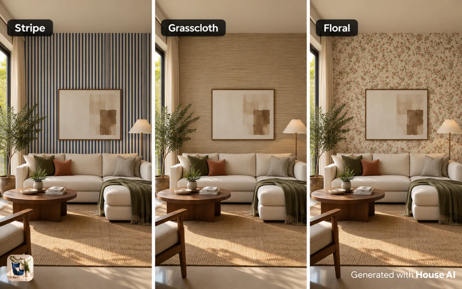 The same living room with three wallpapers side by side: a thin stripe, a woven grasscloth texture, and a small floral