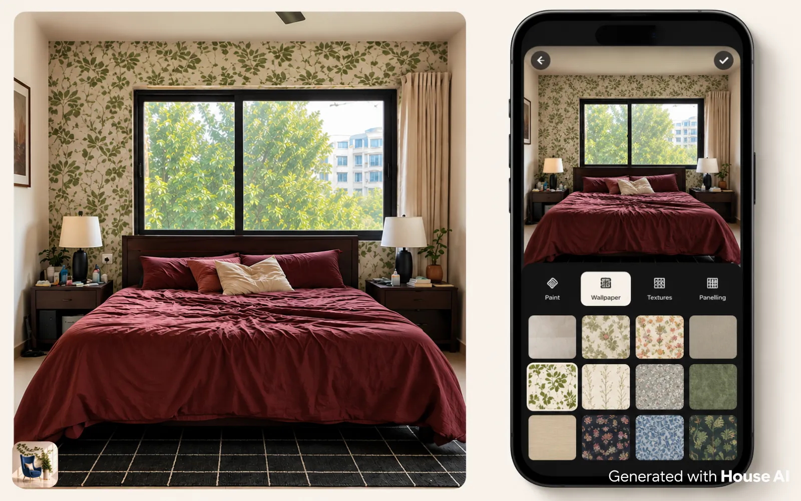 A phone screen showing a wallpaper pattern being picked for the walls in a photo of a room