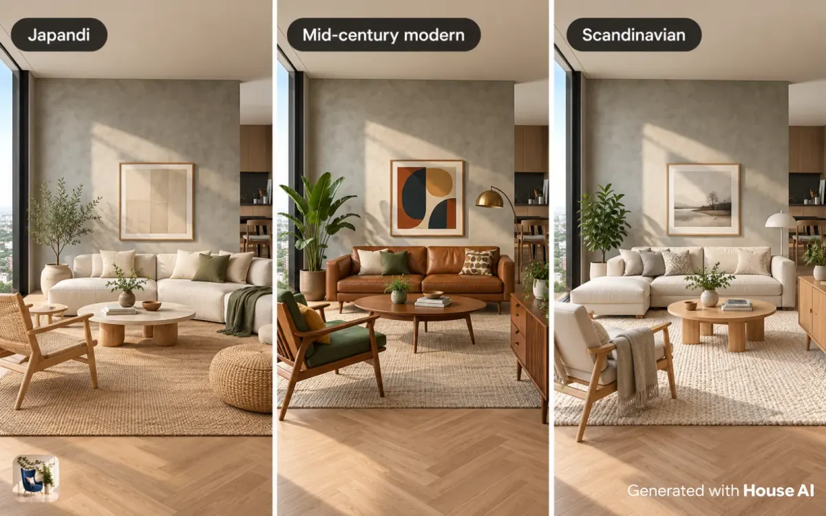 The same living room in Japandi, mid-century modern, and Scandinavian styles, shown side by side as three concept options