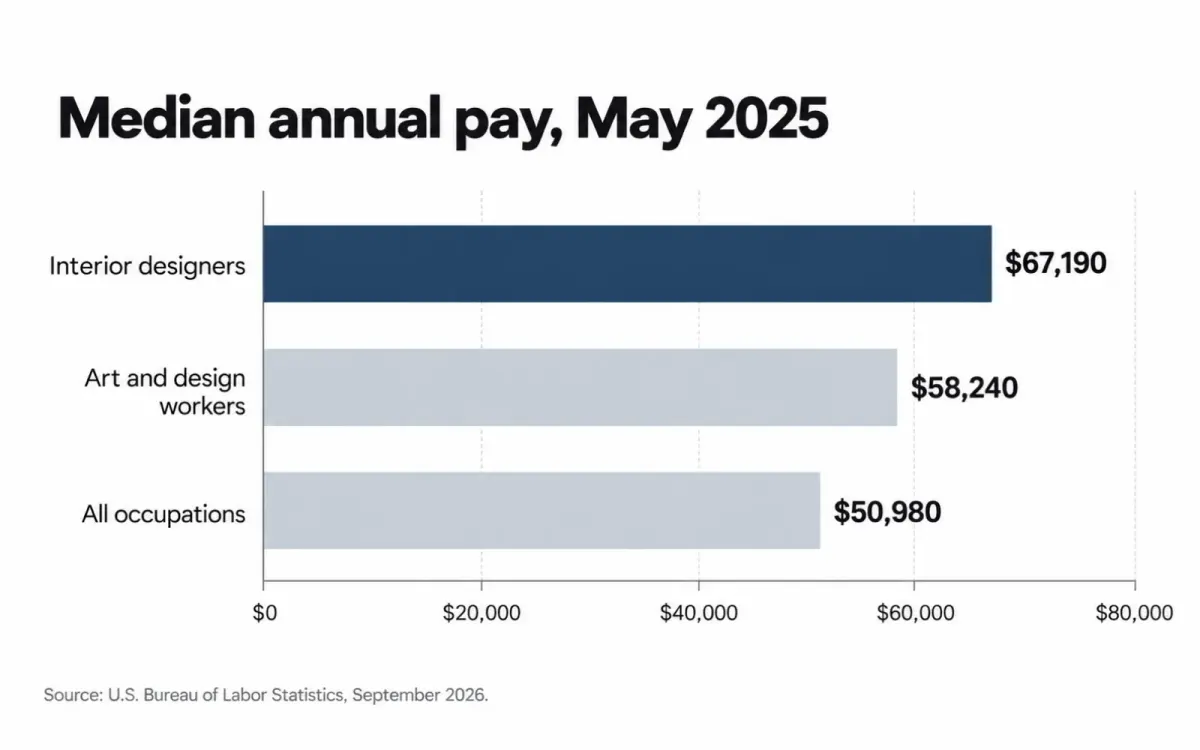Bar chart of May 2025 median annual pay: $67,190 for interior designers versus $50,980 for all occupations
