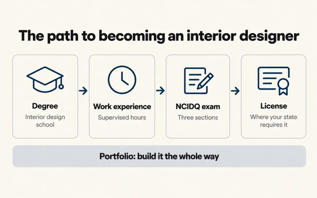 Diagram of the path to interior designer: degree, supervised work, the NCIDQ exam, and a state license, with a portfolio