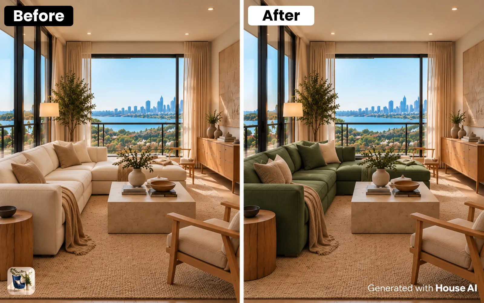 A living room before and after its sofa is swapped for a deep green one, with the rest of the room the same
