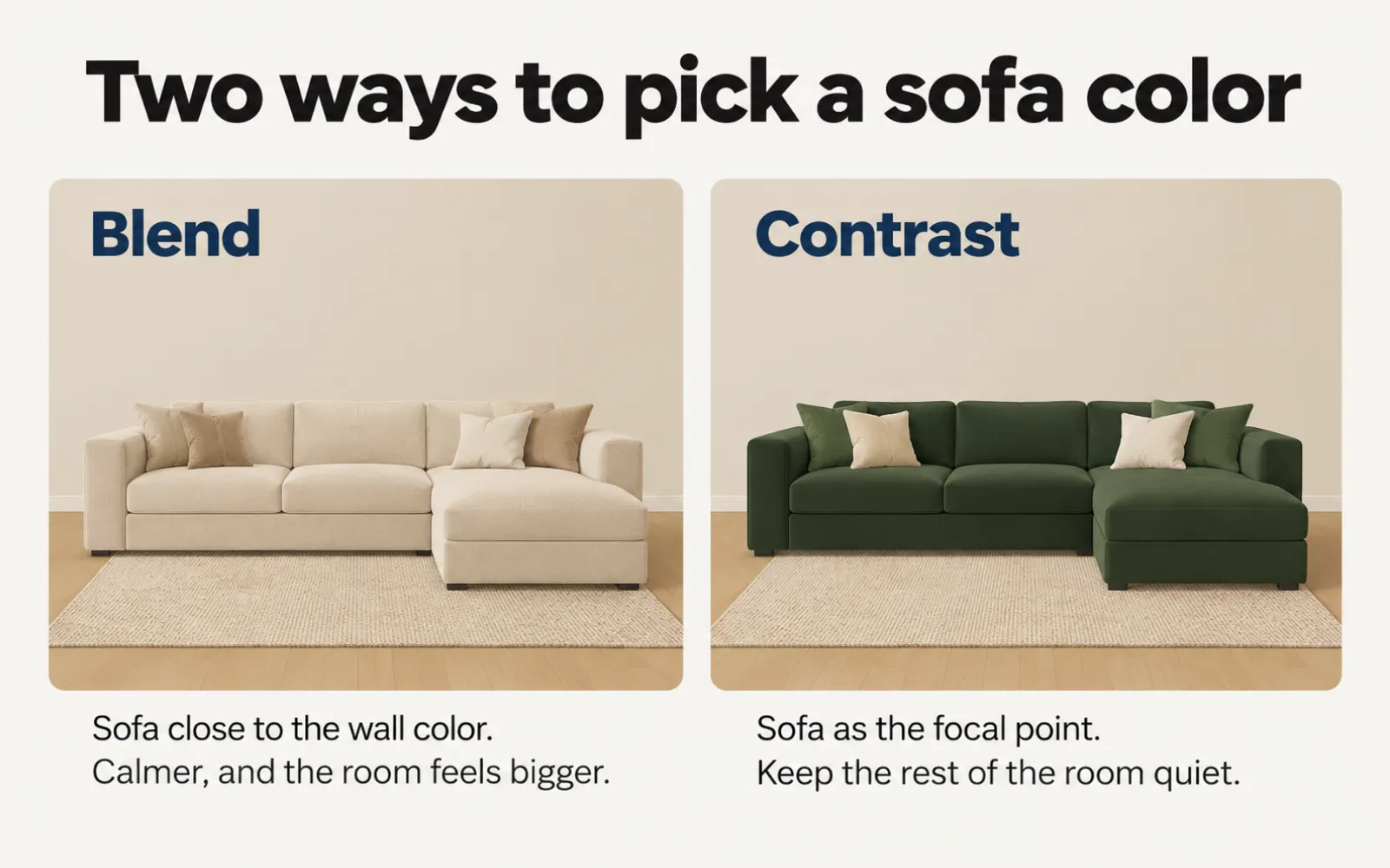 Diagram of two sofa color plans: one that blends with pale walls and one that contrasts as the room's focal point
