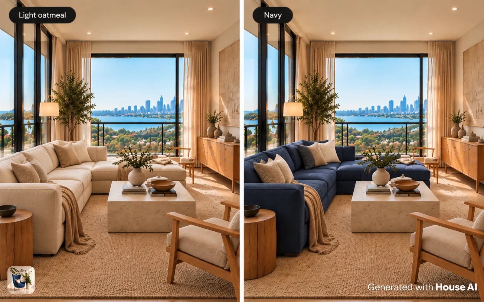 The same living room with a light oatmeal sofa and a navy sofa, side by side under the same window