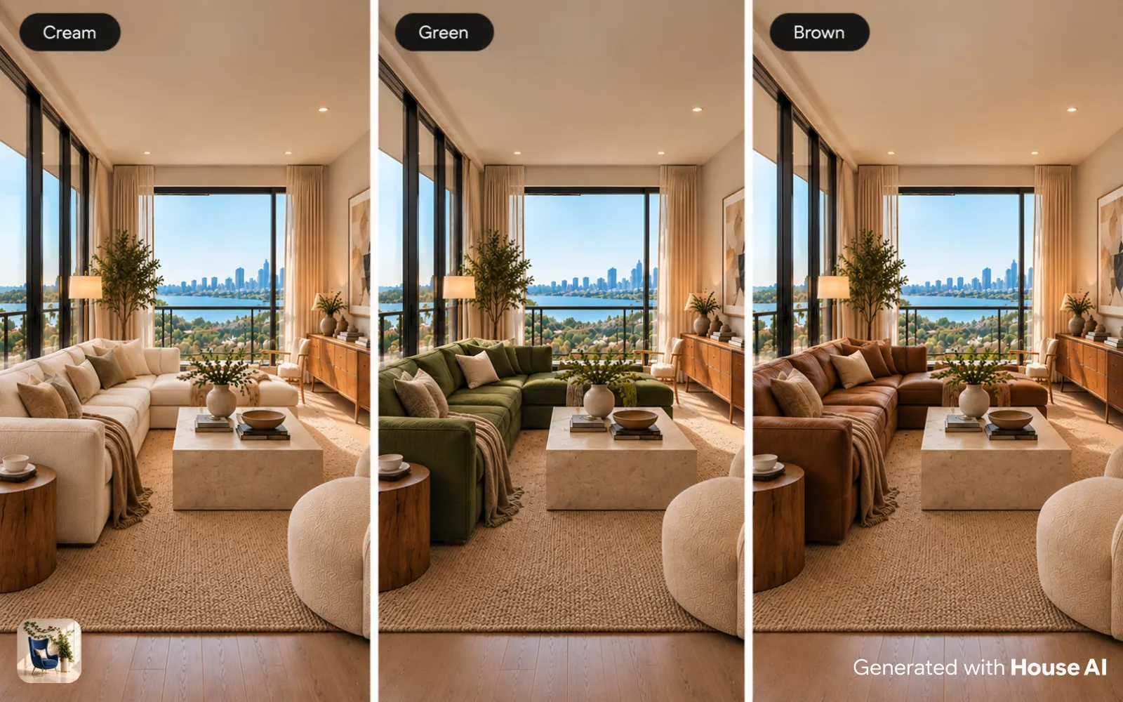 The same living room with a cream sofa, a green sofa, and a brown sofa, side by side, with the same walls and window