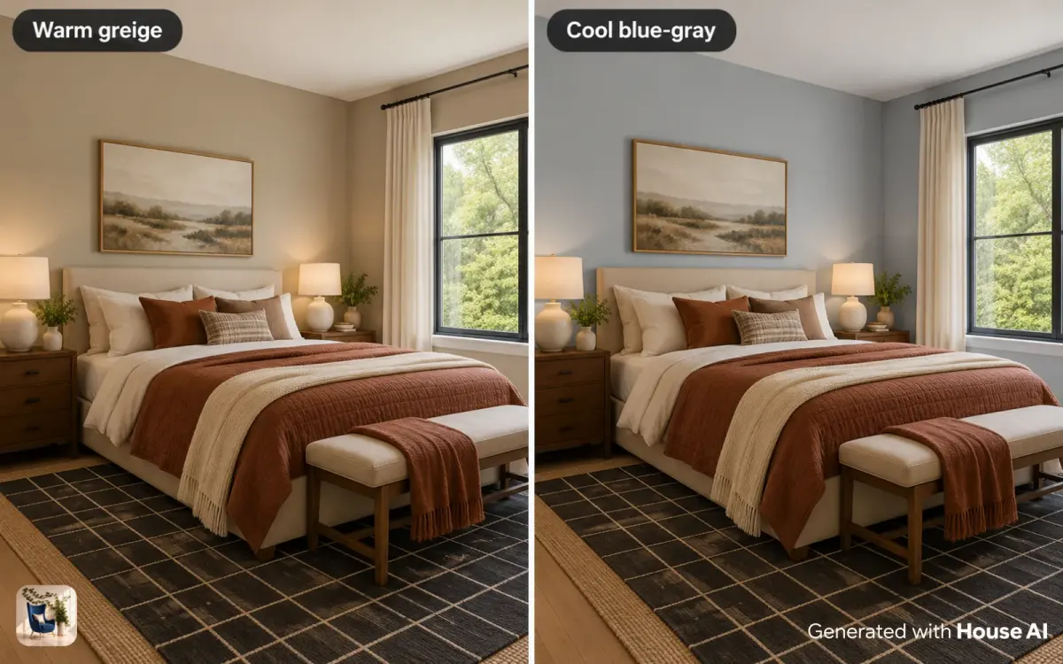 The same bedroom painted in a warm greige and a cool blue-gray, side by side with the bed and window unchanged