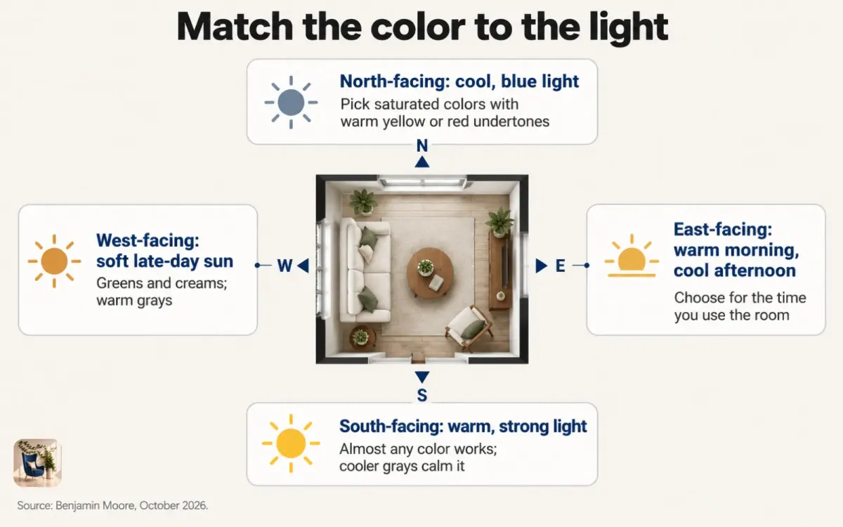 Compass diagram of window direction and paint color: warm colors for north light, almost any color for south light