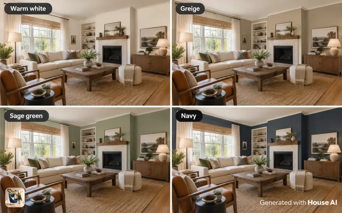 The same living room with walls in warm white, greige, sage green, and navy, shown in a grid with the sofa unchanged