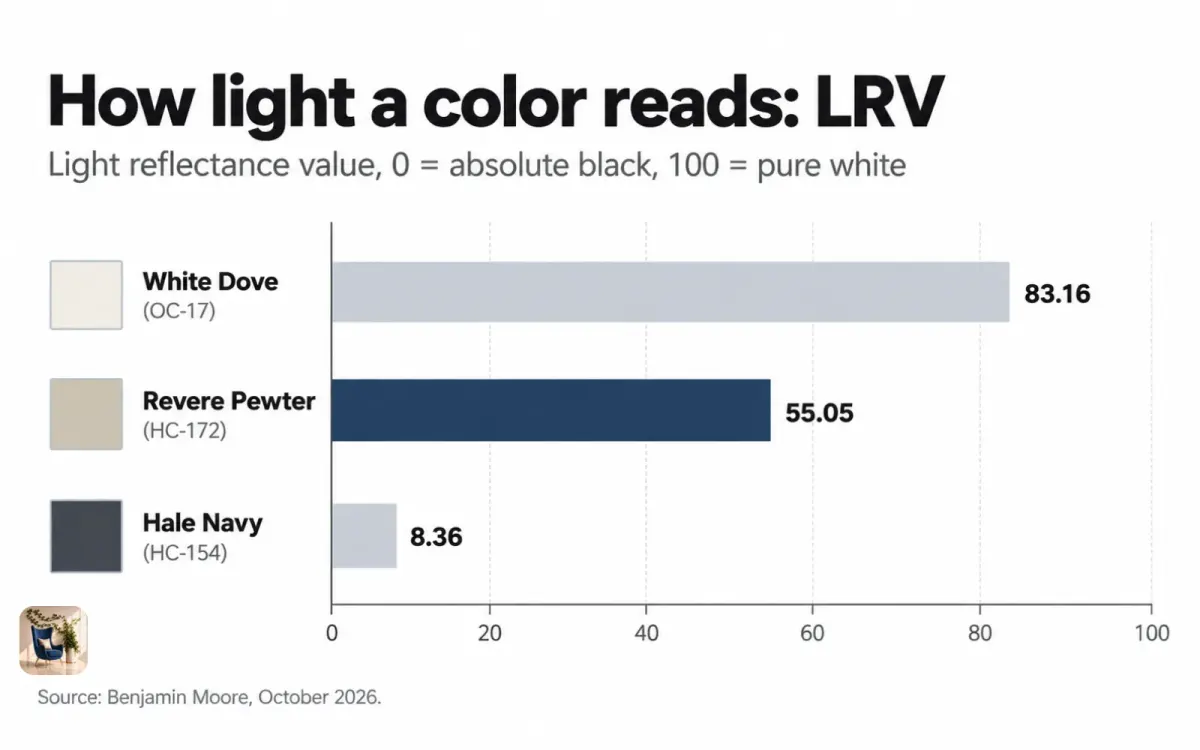 Bar chart of paint LRV from 0 to 100: White Dove at 83.16, Revere Pewter at 55.05, and Hale Navy at 8.36