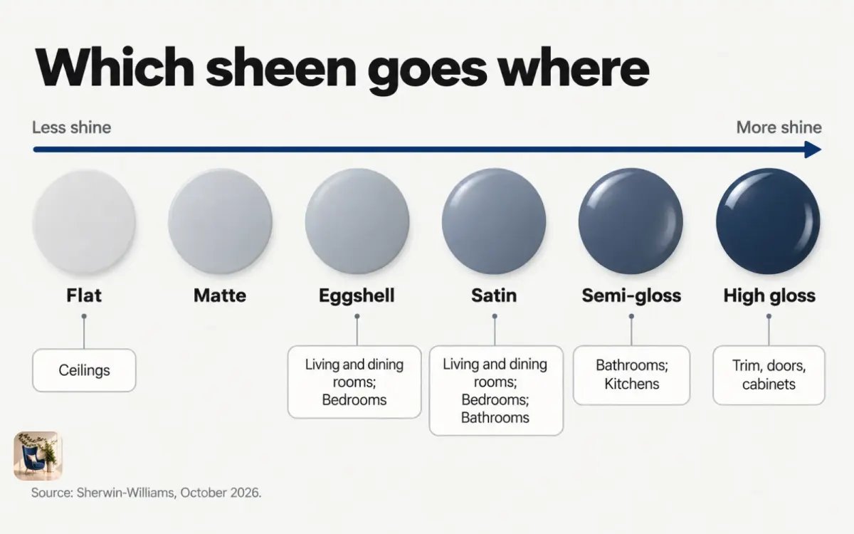 Diagram of paint sheens from flat to high gloss, matched to ceilings, living rooms, bedrooms, kitchens, baths, and trim