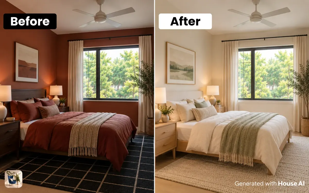 A bedroom before and after a Scandinavian redesign, with a new bed, pale wood, and the same window in place