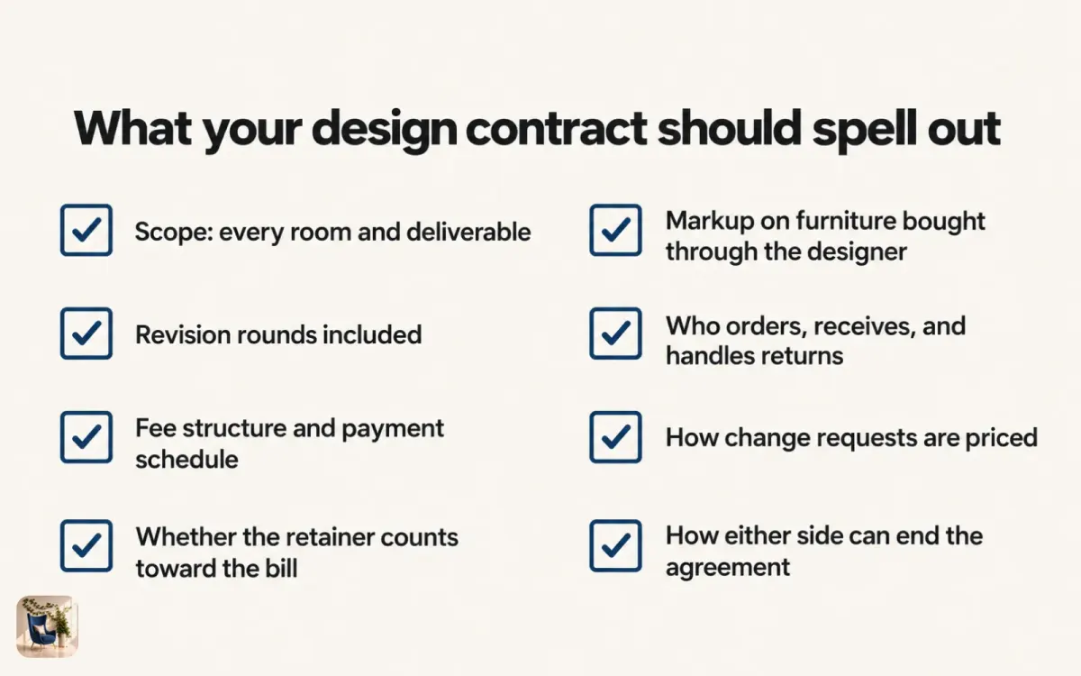 Checklist diagram of eight interior design contract terms, from scope and deliverables to how either side can exit
