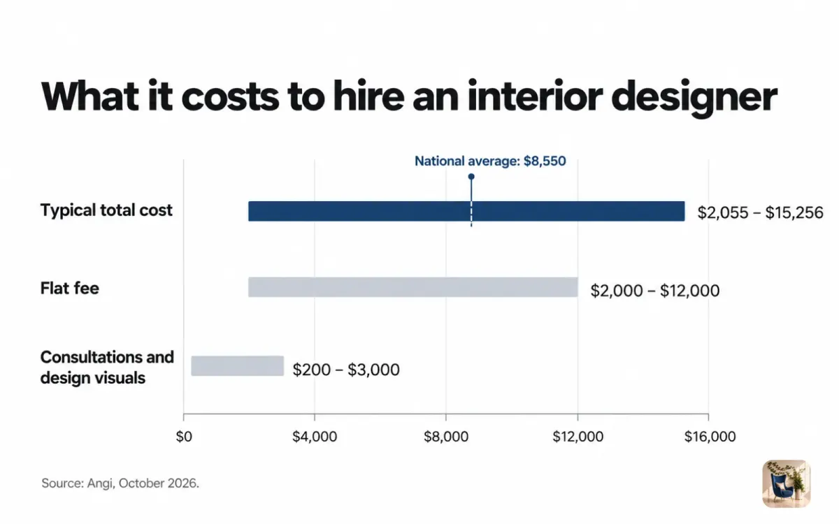 Range chart of interior designer costs: $2,055 to $15,256 typical total, with an $8,550 national average